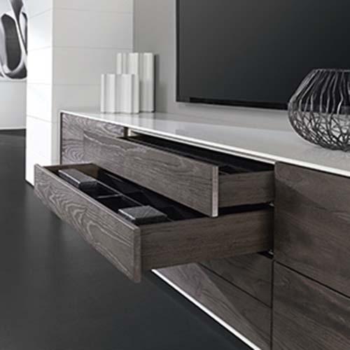 Feature Hardware handle less soft closing drawer cabinetry